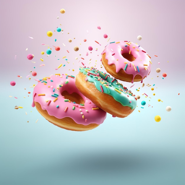 flying doughnuts scene mix of multicolored sweet donuts with sprinkles on blue background