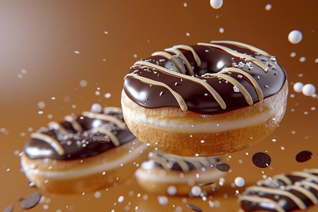 Photo flying doughnuts with chocolate glaze and salted caramel stripes on brown