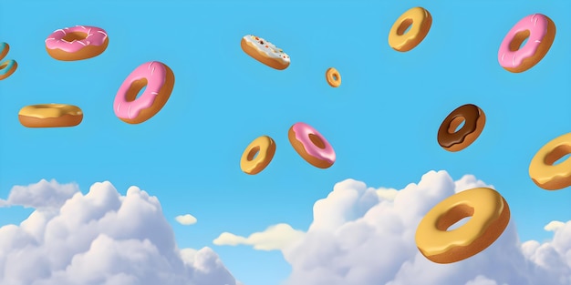 다양한 색상의 글레이즈 음식 배너가 있는 플라잉 도넛 창의적인 음식 트렌드 올해의 색상으로 공중에 뜨는 음식 밝은 파란색 배경에 복사 공간이 있는 도넛 그림 Generative AI