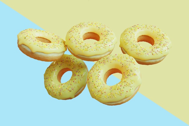 Летающие пончики желтые глазированные пончики с брызгами на фоне пастельных тонов. 3d визуализация