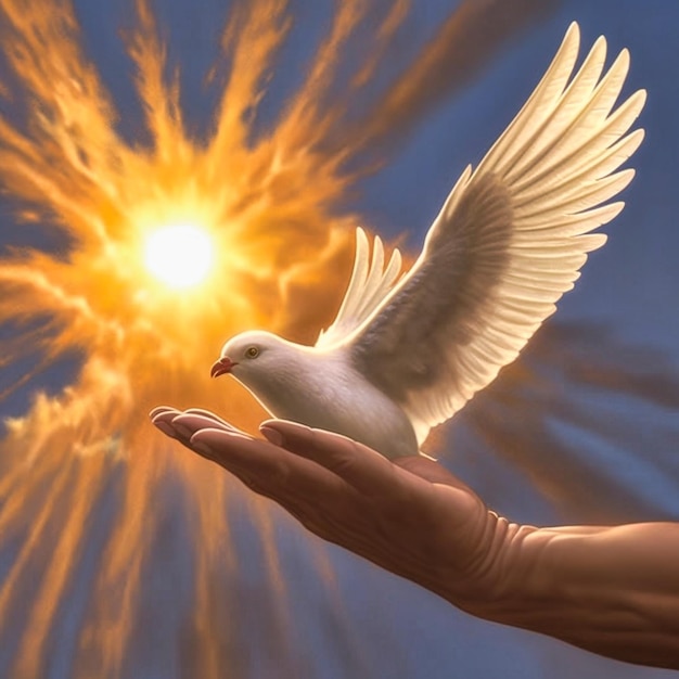 Photo flying dove reaching up with someones hand, dove of peace. generative ai