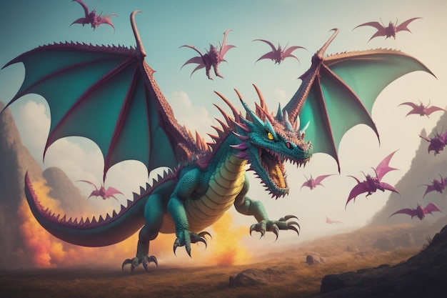 Flying dragon that has a ginormous wings made of fetchers fighting a giant monster HD