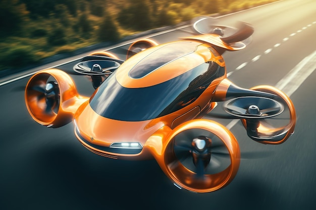 Flying drone car on the road Generative AI