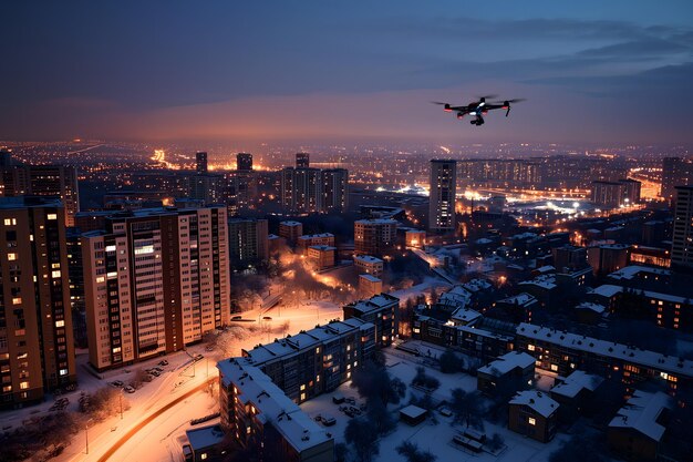 flying drone above the city at snowy winter night