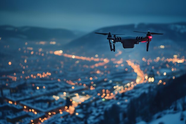 Photo flying drone above the city at snowy winter night