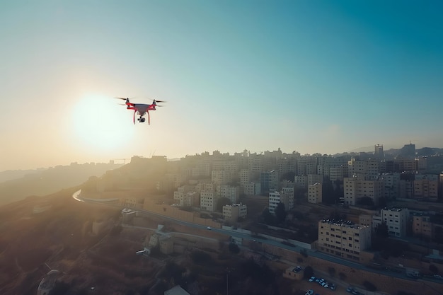 Flying drone above the city at summer morning