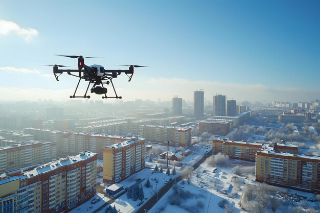 Flying drone above the city at winter morning