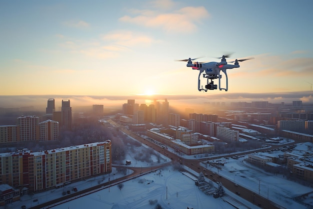 Flying drone above the city at winter morning