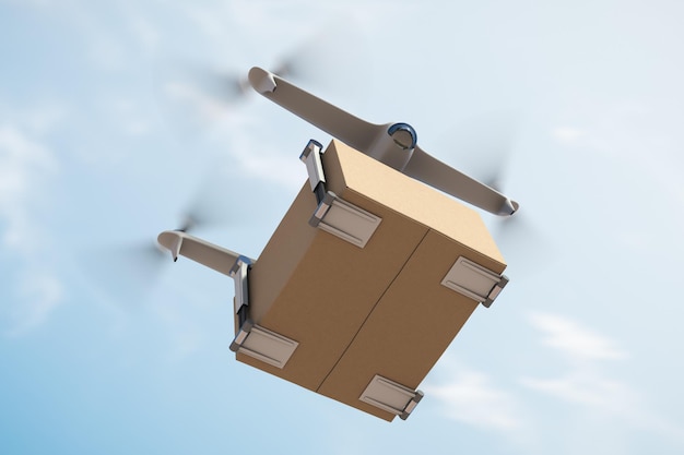 Flying drone courier with box