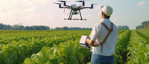 Flying drone over the field available Man controls it from the ground below Generative AI