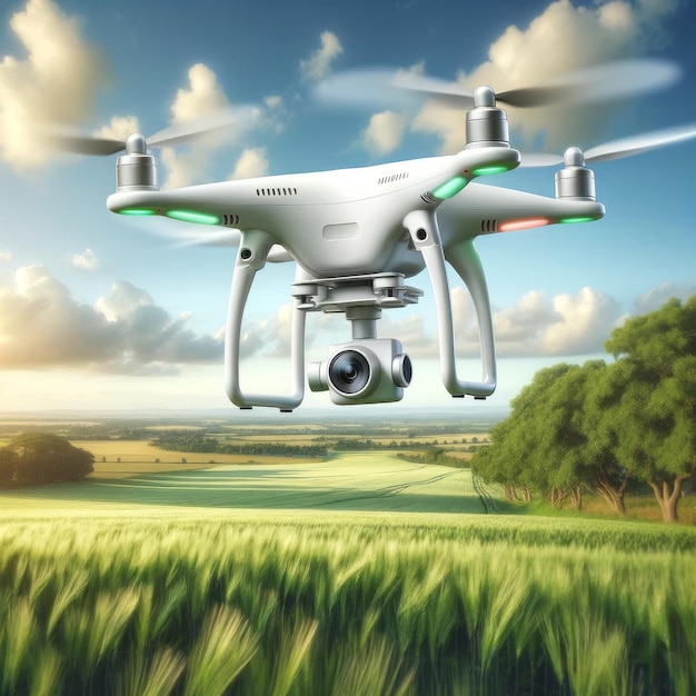 Flying drone over green farmland with a clear sky Agriculture and technology concept copy space