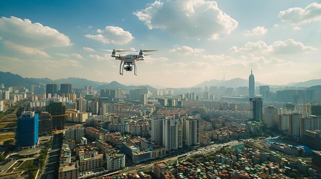 Flying drone with camera hovering inside a forrest natural background