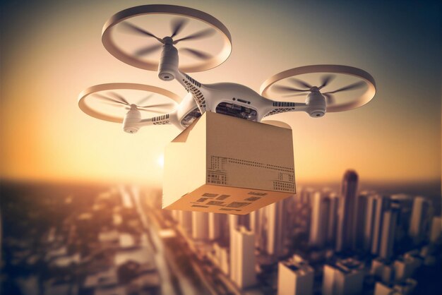 Flying drone with package Post of the future Futuristic world Generative AI