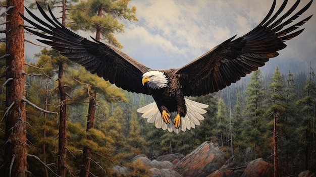 Flying eagle flapping its wings in the forest generated by AI