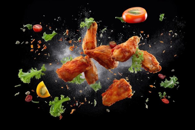 Photo flying elements of fried chicken with tomatoes and parsley generative ai