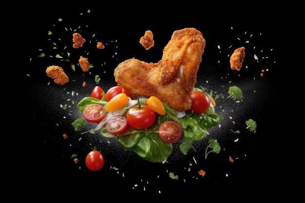 Flying elements of fried chicken with tomatoes and parsley Generative AI