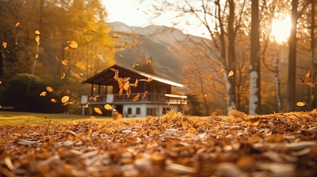 Flying fall leaves on autumn forest background and house golden hour copy space generative ai