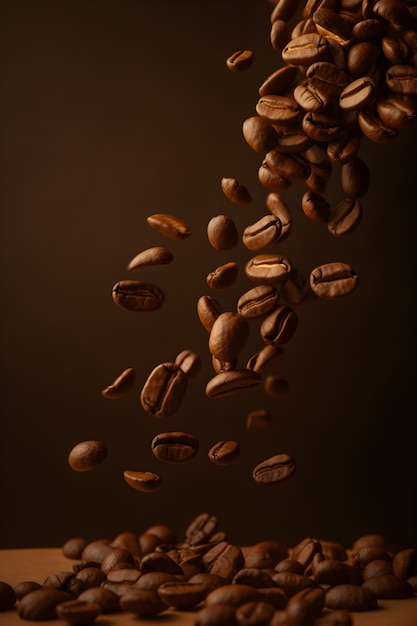 Flying falling coffee beans on brown background