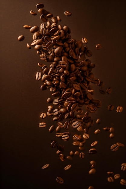 Flying falling coffee beans on brown background