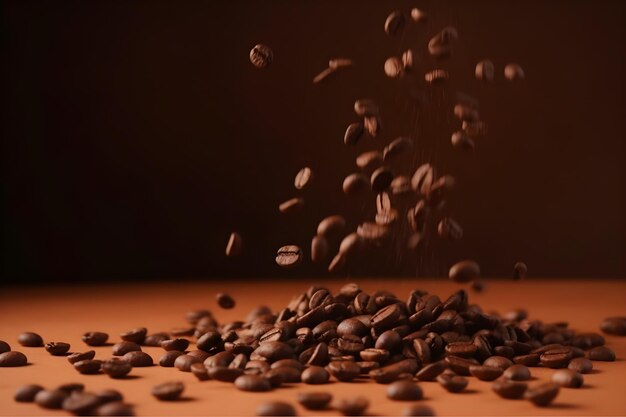 Flying falling coffee beans on brown background