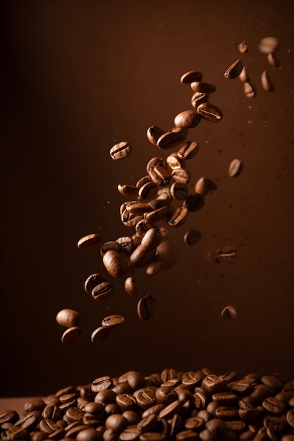 Flying falling coffee beans on brown background