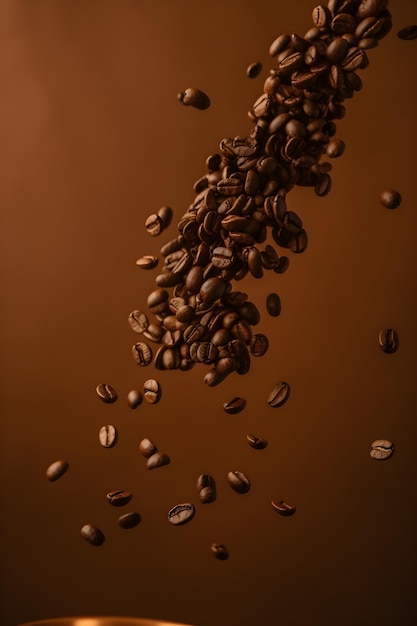 Flying falling coffee beans on brown background