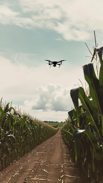 Photo flying in the field in a corn field