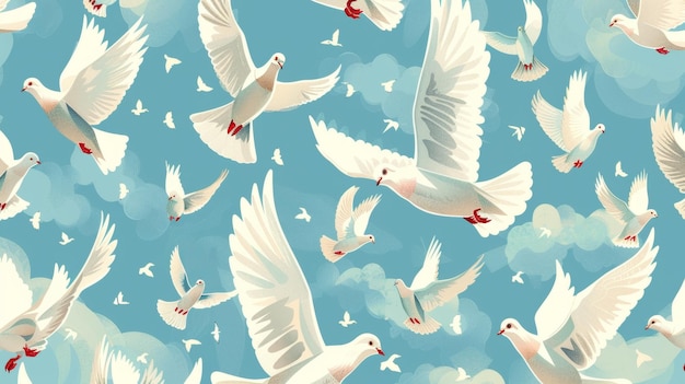 Flying flock of birds Endless background texture doves soaring in the sky Repeating pattern Icon illustration for fabric textile wrapping