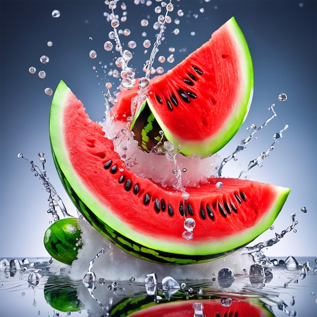 Flying Food Photography Of Watermelon Slice And Coconut Chunk As The Main Subjects Splashes