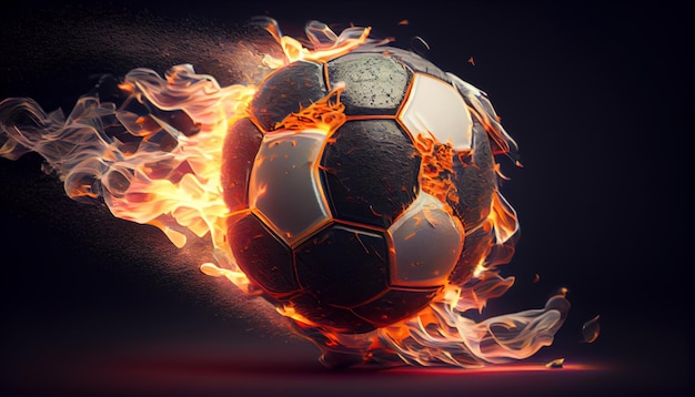 Flying football or soccer ball on fire black background