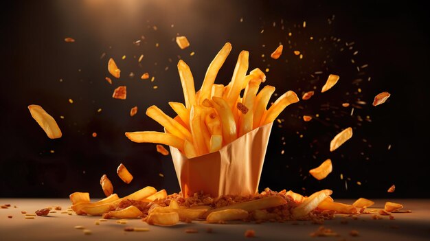 Flying french fries potato with a beautiful lighting Generative AI