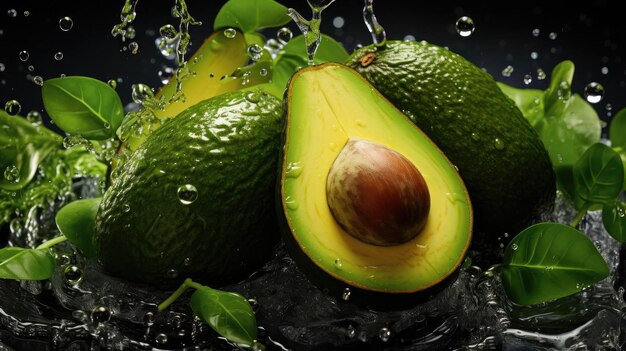Flying fresh avocado hit by splashes of water with black blur background