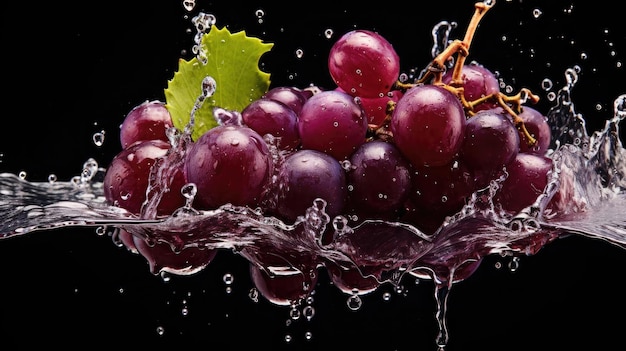 Flying fresh grapes exposed to splashing water on black background and blur