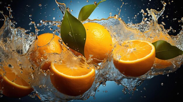 Flying fresh orange splashed with water on black background and blur