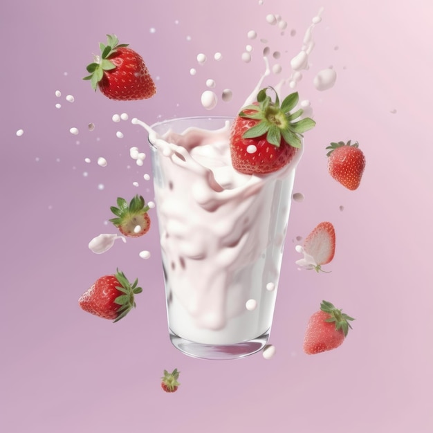 Flying fresh strawberries with white milk beautifully capture