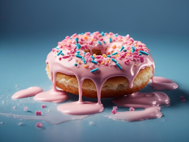 Flying frosted sprinkled donut melted pink icing isolate on blue background 3d rendering