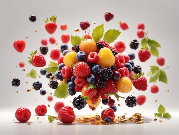 Flying fruits and berries isolated on white background