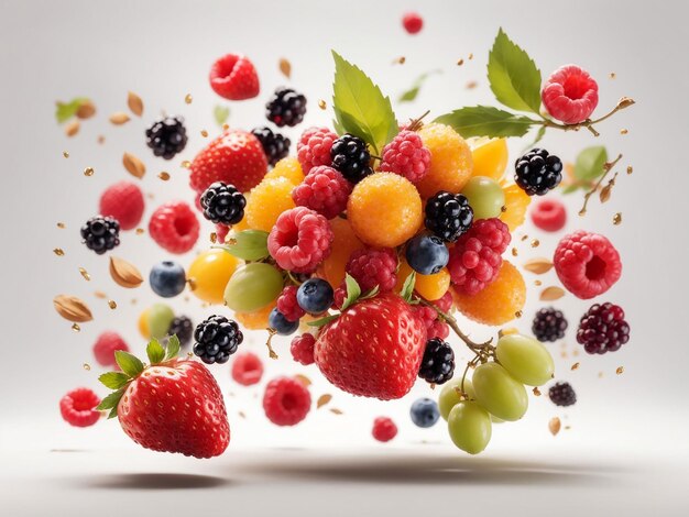 Flying fruits and berries isolated on white background