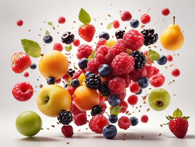 Flying fruits and berries isolated on white background