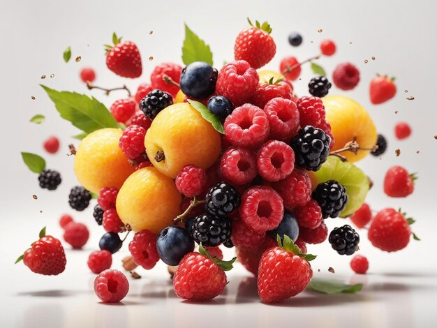 Flying fruits and berries isolated on white background