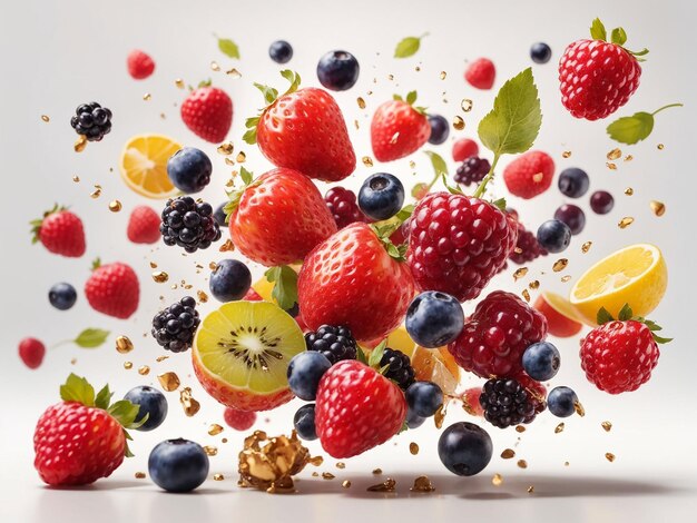 Flying fruits and berries isolated on white background