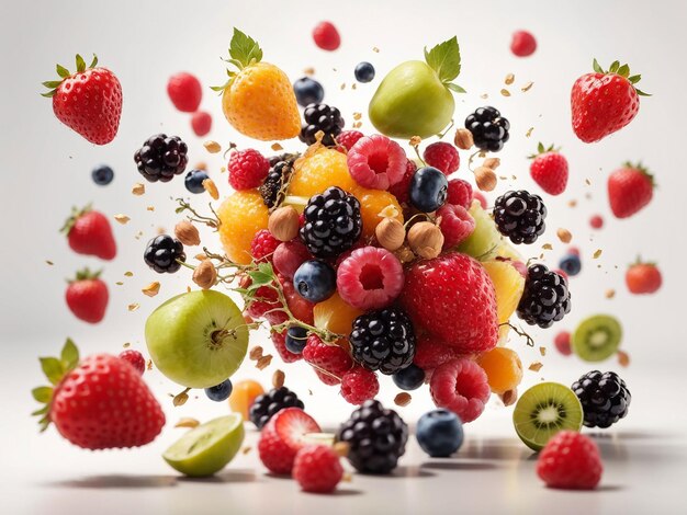 Flying fruits and berries isolated on white background