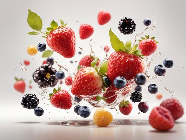 Flying fruits and berries isolated on white background