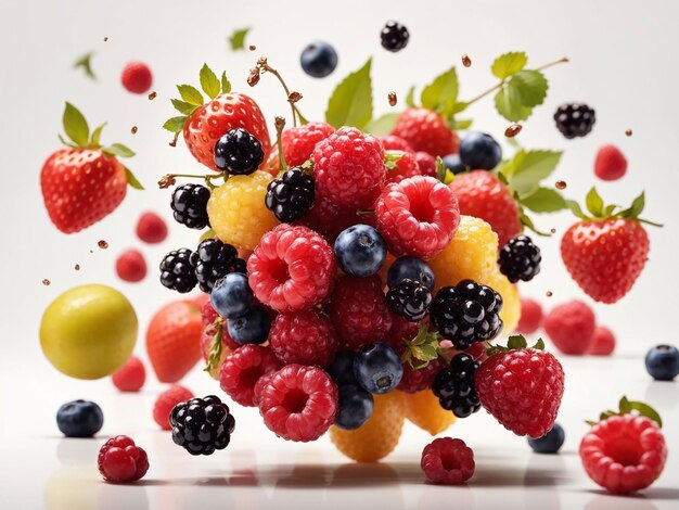 Flying fruits and berries isolated on white background