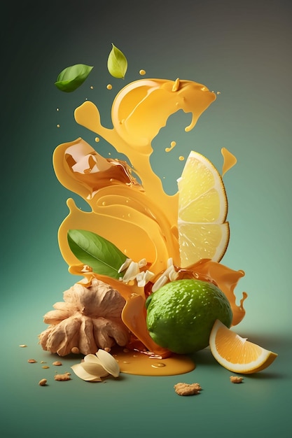 Flying ginger and lemon and lime slices with splash of water on dark background