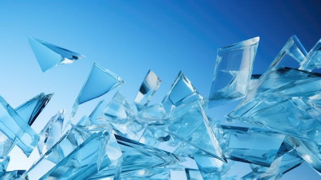 Flying glass fragments on a blue background