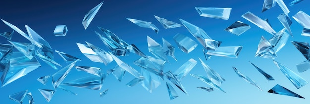 Фото Летающие фрагменты стекла на синем фоне широкоформатный баннер
