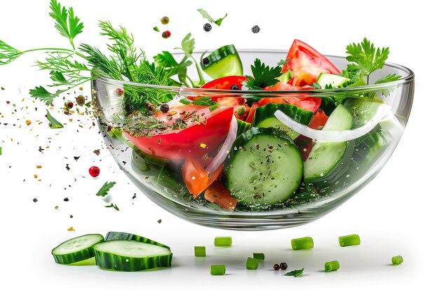 Flying glass salad bowl with vegetables on white background