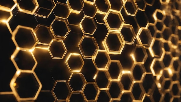 Flying golden bokeh lights in hexagon shape on black holiday concept