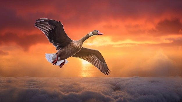 Flying goose above the clouds at sunset in warm colors